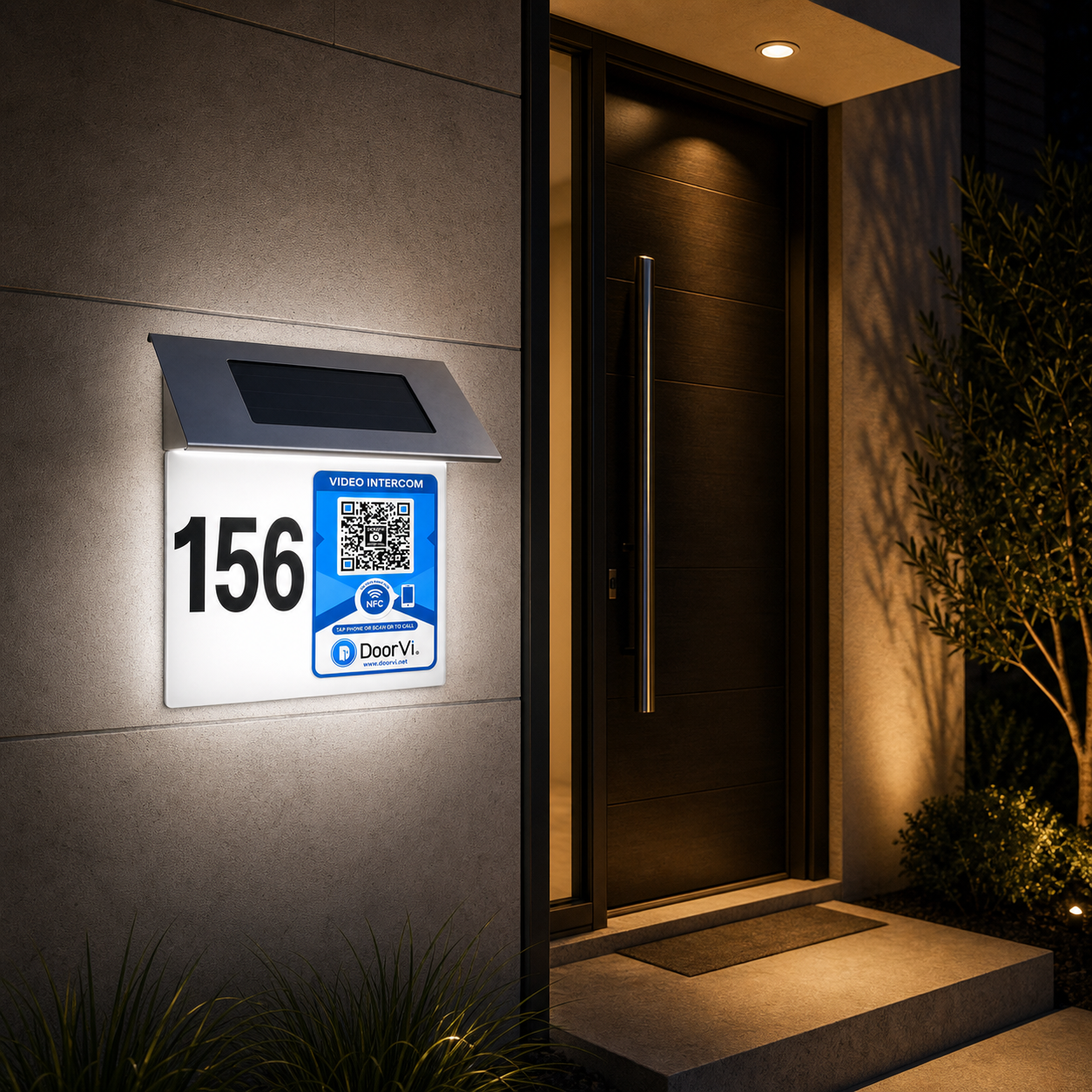 Solar LED DoorVi house number sign illuminated at night beside a front door