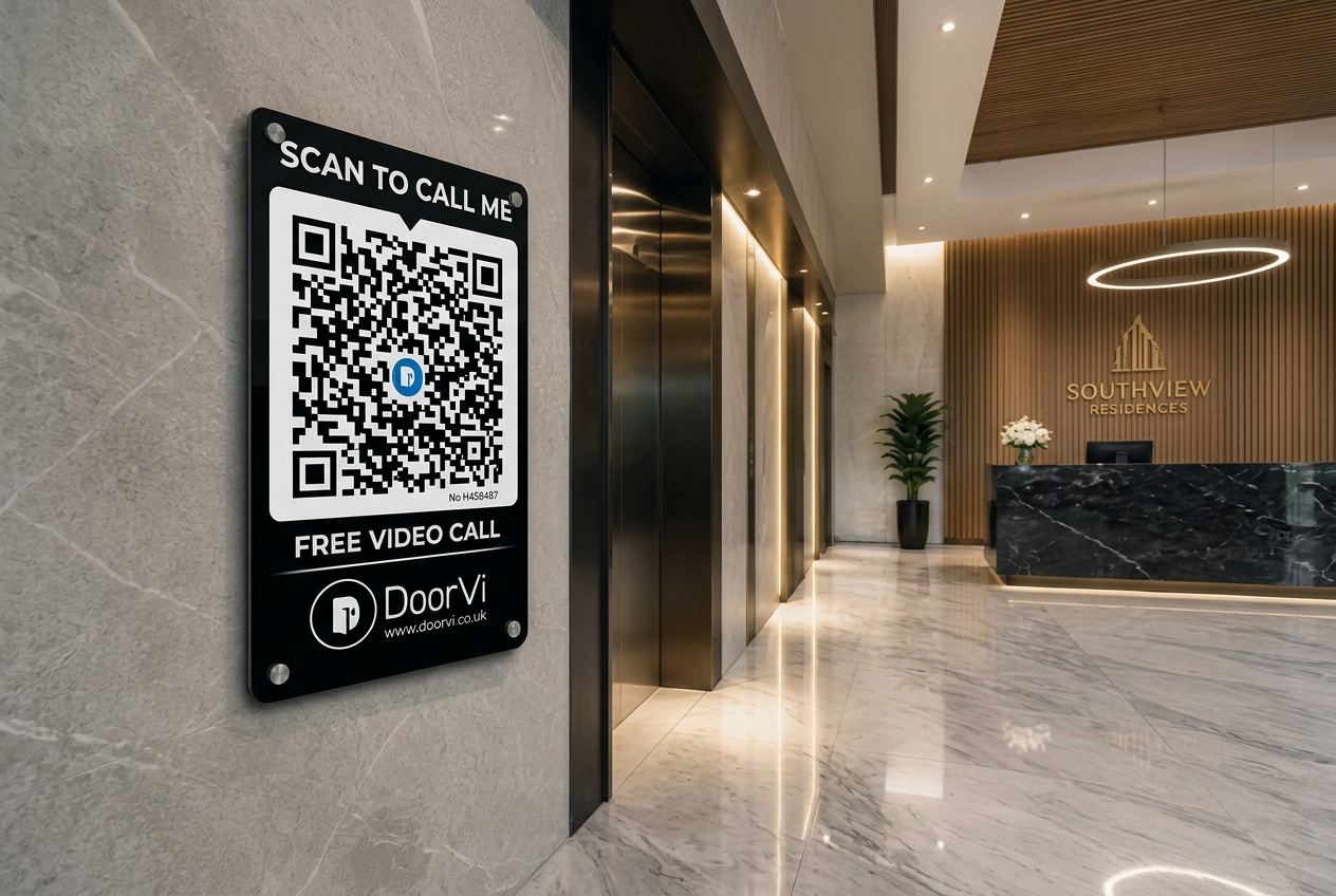 DoorVi acrylic sign mounted in a modern apartment lobby